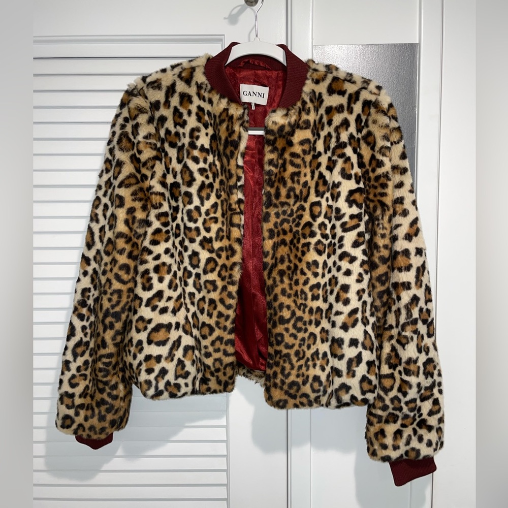Ganni Ferris Leopard-print Faux Fur Bomber Jacket / Size XS